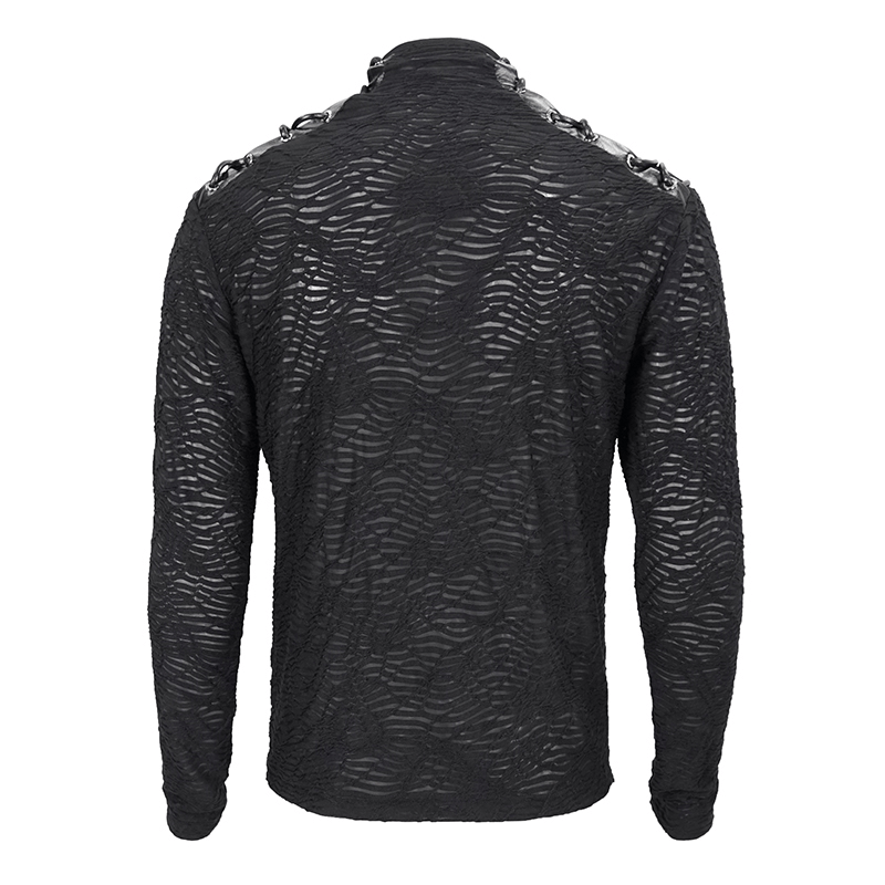 Back view of a men's black turtleneck sweatshirt featuring shoulder lacing in a trendy punk style.