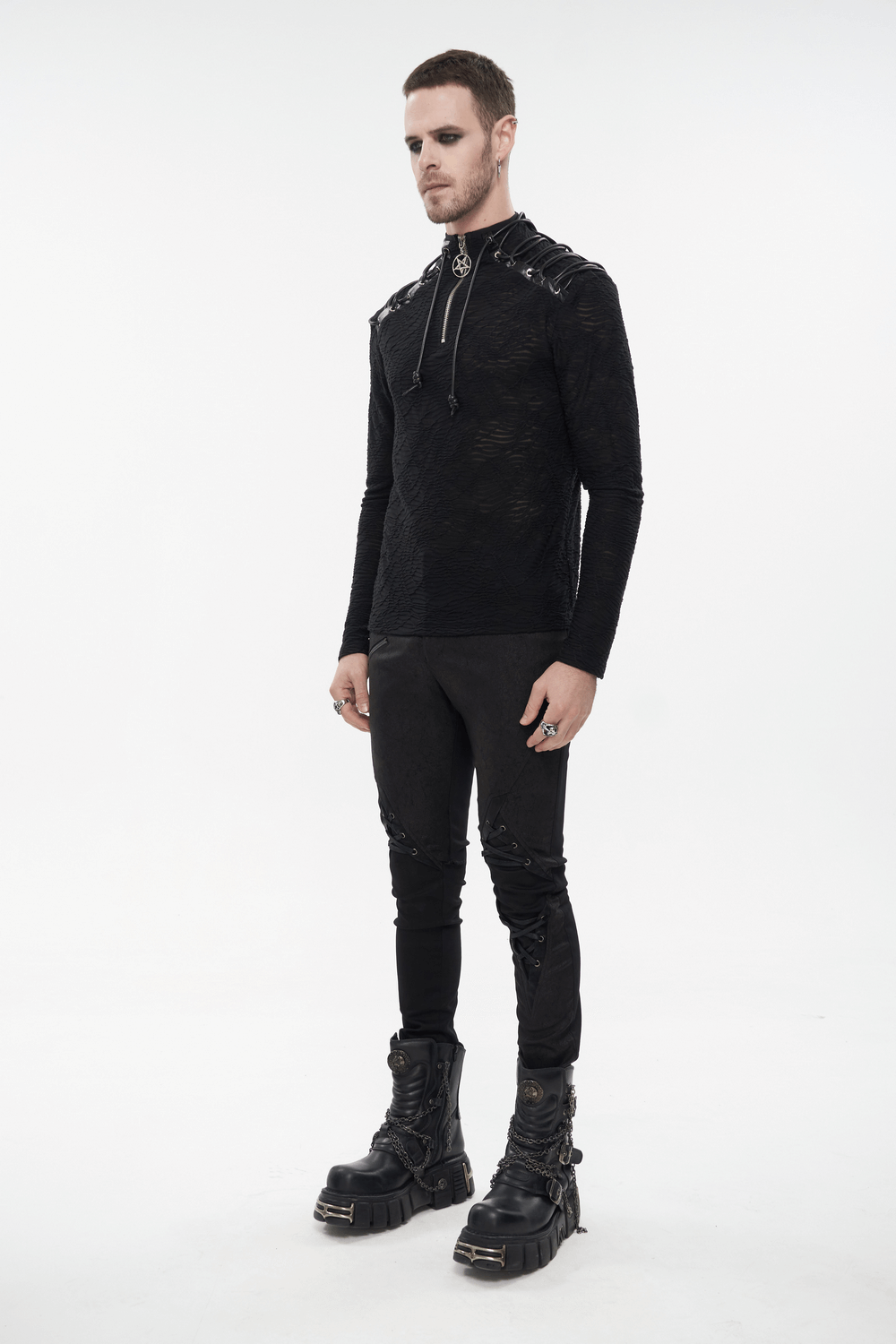 Men's turtleneck sweatshirt with shoulder lacing, trendy punk style, perfect for a modern wardrobe.