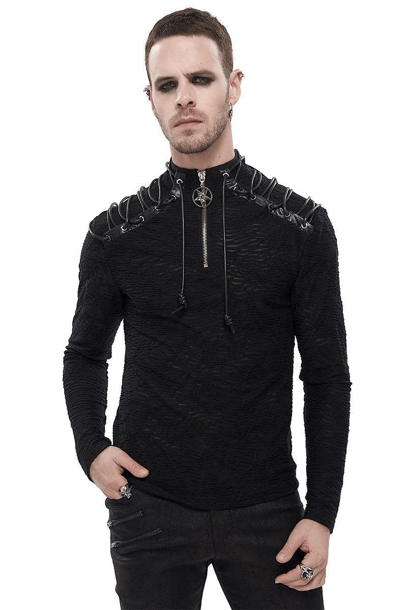 Men's black turtleneck sweatshirt with lacing on shoulders and hexagram pendant, trendy punk style.