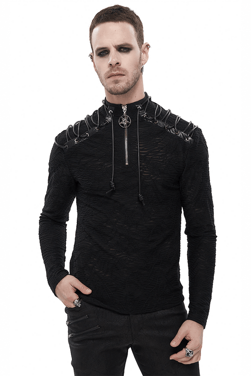 Turtle-neck Collar Sweatshirt with Lacing on Shoulders / Men's Slim Pullover with Hexagram Pendant