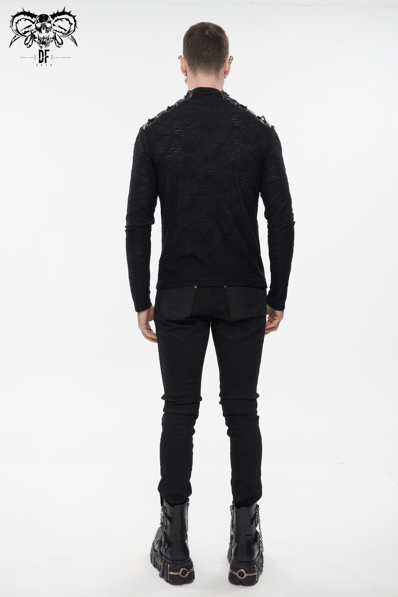 Men's turtleneck sweatshirt with shoulder lacing, showcasing a stylish back view in punk fashion.