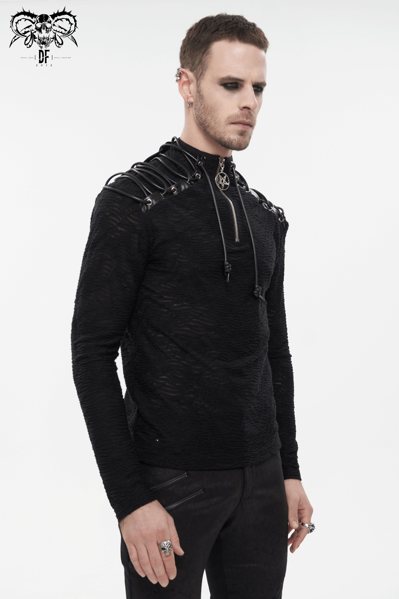 Turtle-neck Collar Sweatshirt with Lacing on Shoulders / Men's Slim Pullover with Hexagram Pendant