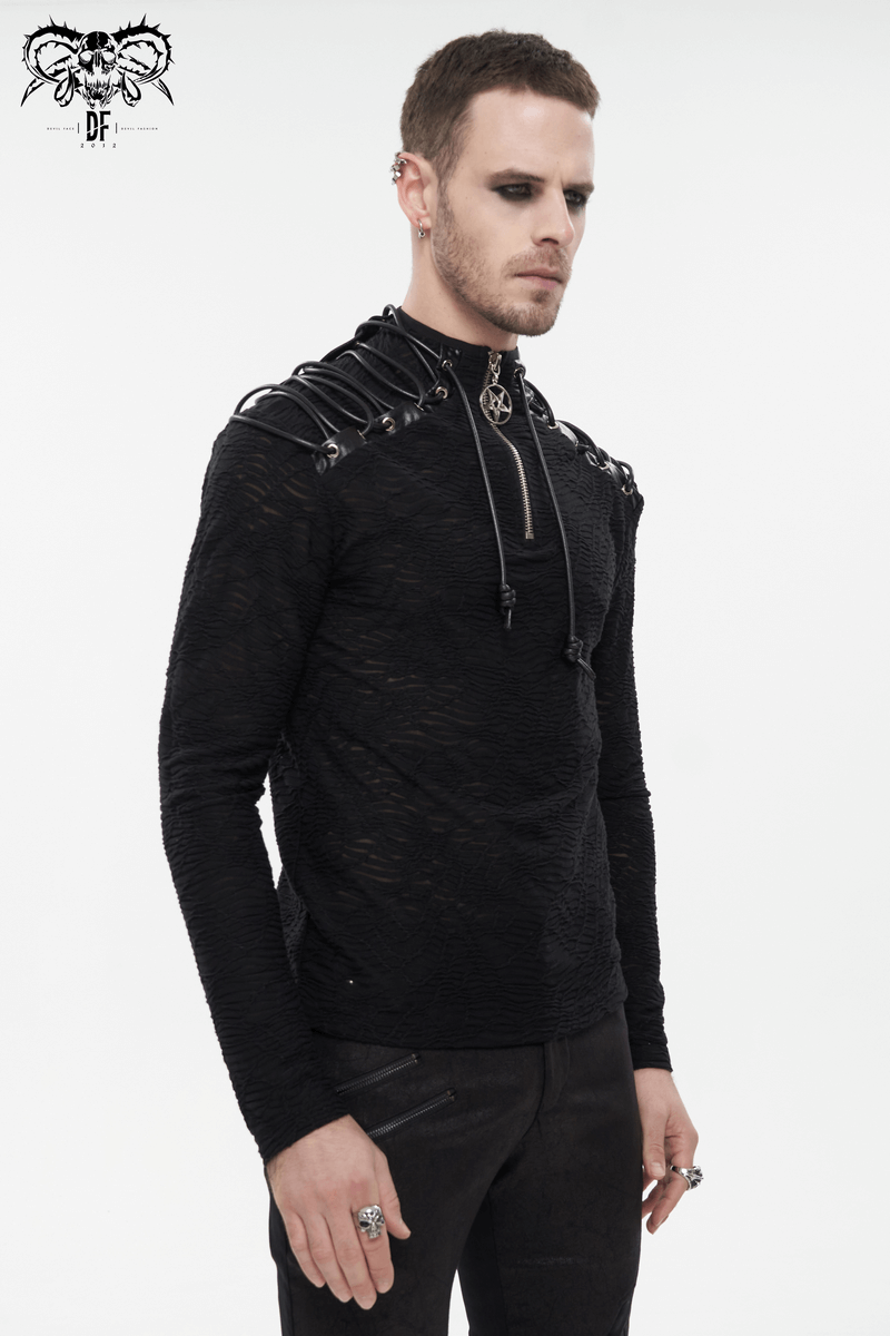 Men's black turtleneck sweatshirt with shoulder lacing, trendy punk style pullover fashion.