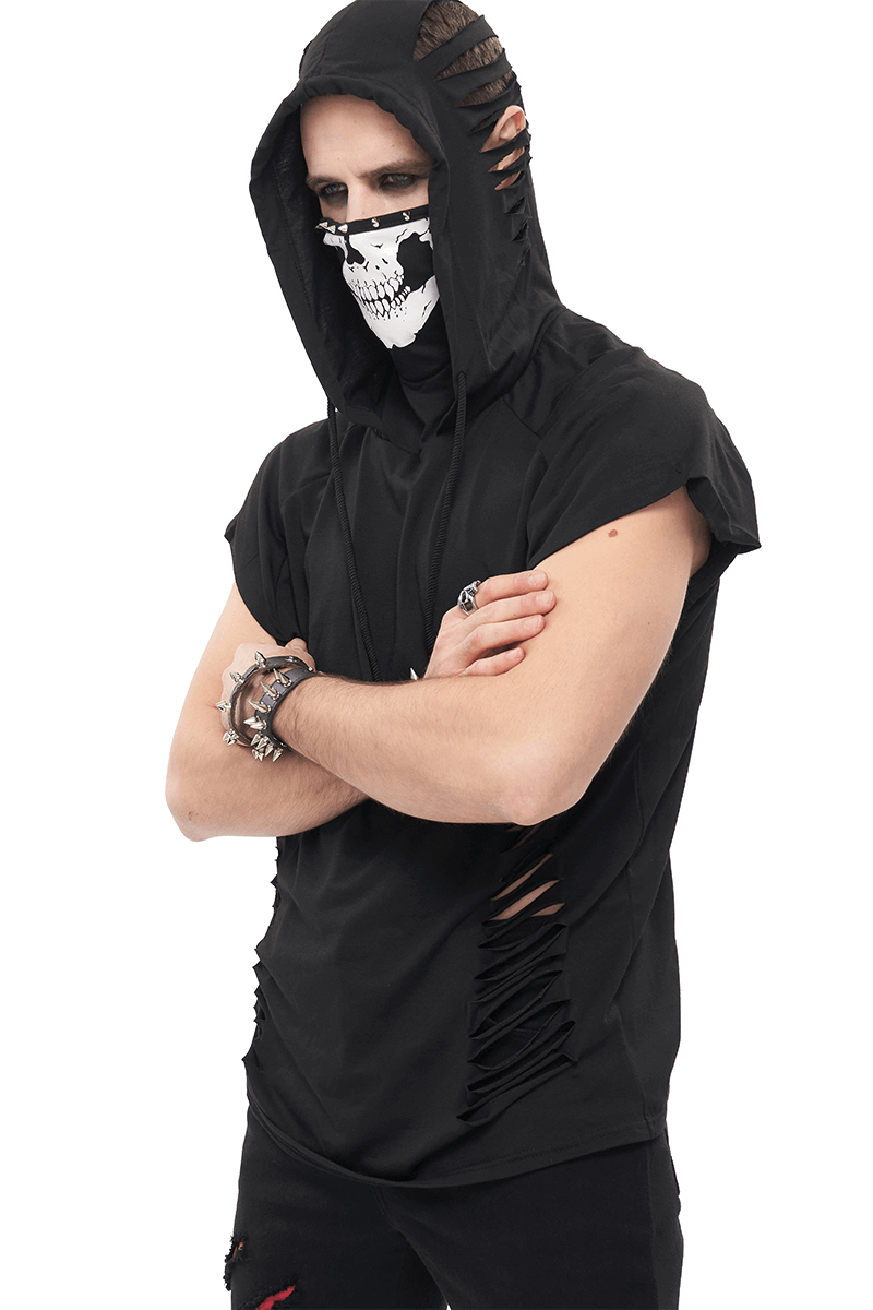 Turtleneck Mask Skull Printed Short Raglan Sleeves Hoodie / Men's Gothic Black Ripped Holes Hoodie