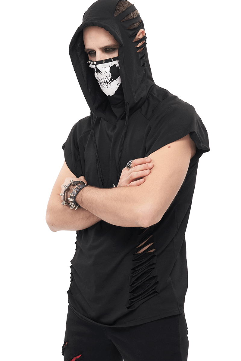 Men's gothic black hoodie with ripped design and skull mask, perfect for stylish outfits.