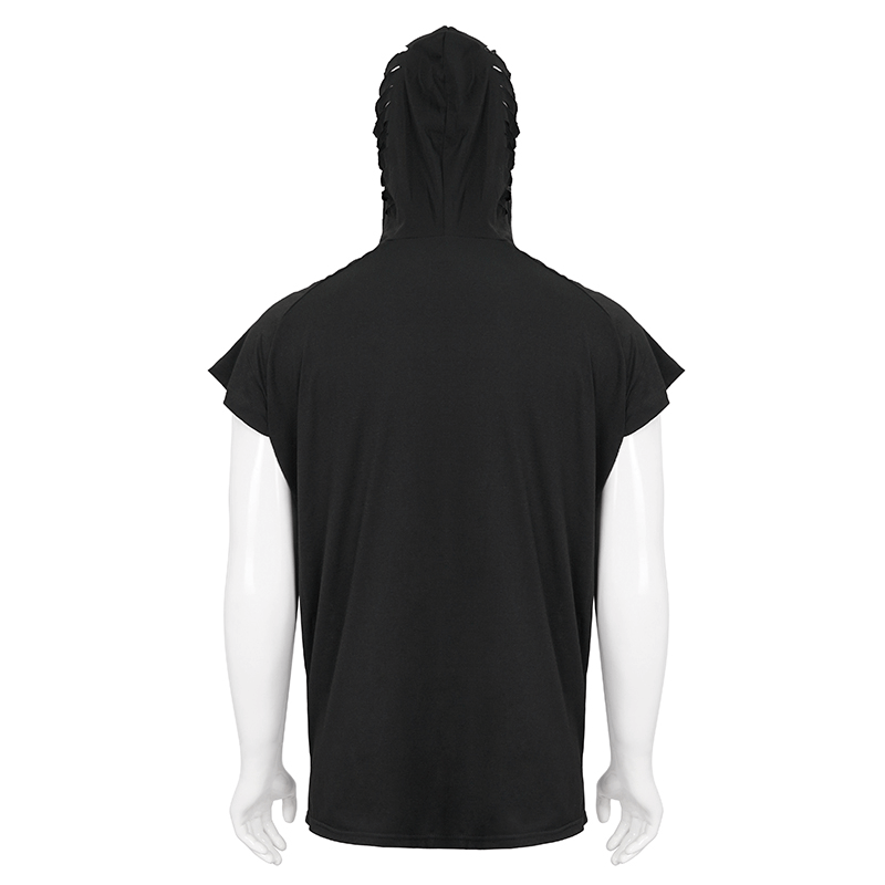 Back view of a men's black gothic hoodie with unique turtleneck and ripped design, perfect for edgy outfits.