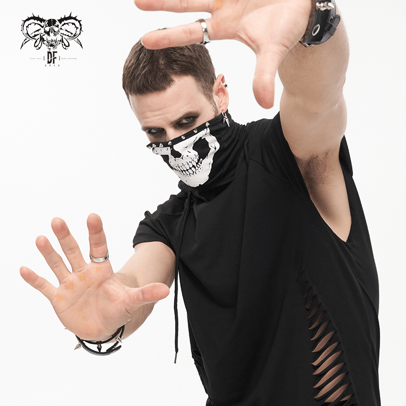 Men's gothic black hoodie with skull mask and ripped design, stylish and edgy streetwear fashion.