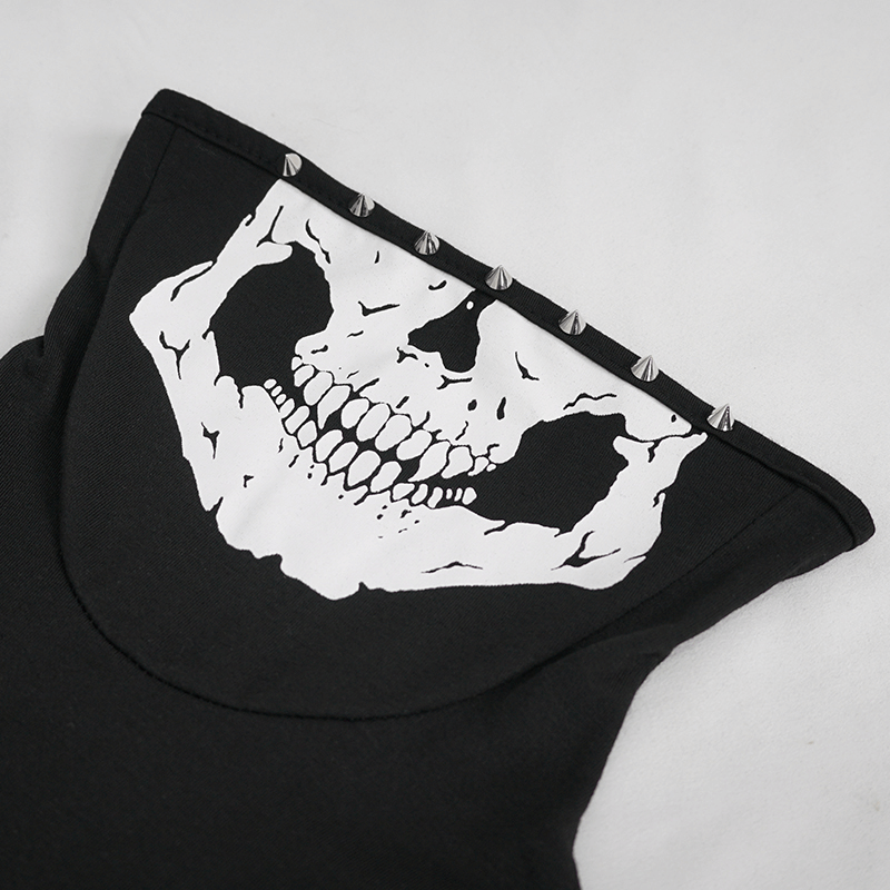 Turtleneck Mask Skull Printed Short Raglan Sleeves Hoodie / Men's Gothic Black Ripped Holes Hoodie