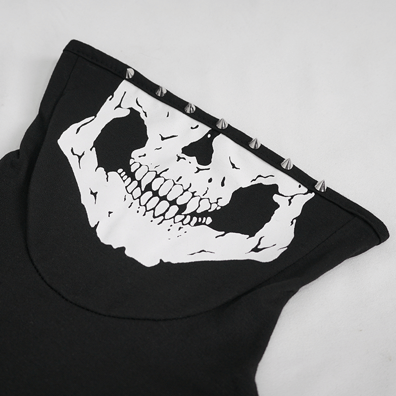 Close-up of a skull print on a men's gothic hoodie featuring stylish ripped holes and spikes.