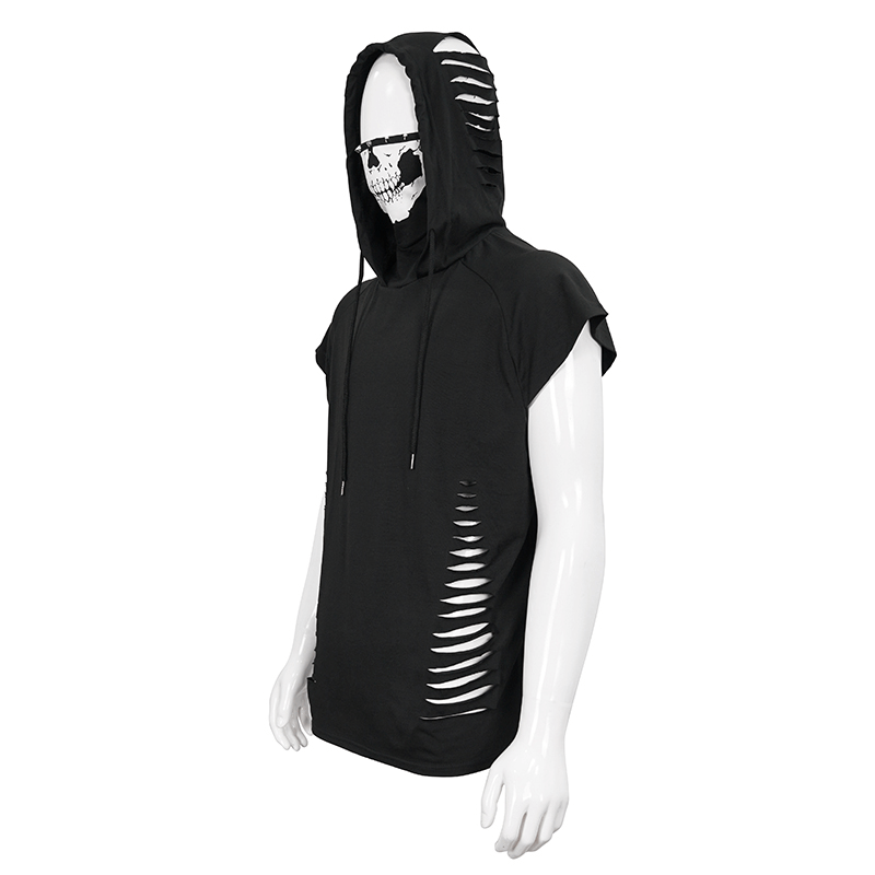 Men's black gothic hoodie with skull mask and stylish ripped design for edgy outfits.
