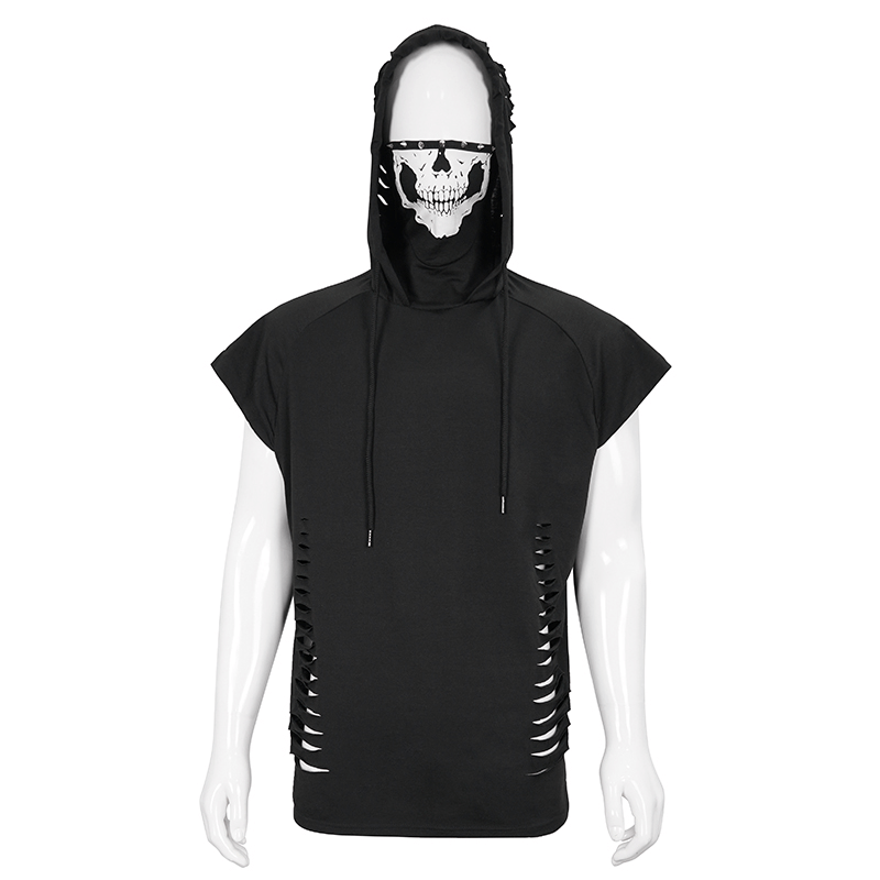 Men's black gothic hoodie with skull mask design and ripped details, perfect for stylish edgy outfits.
