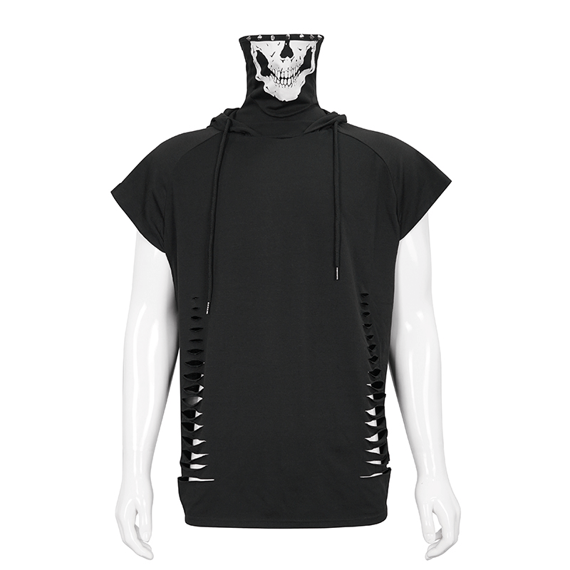 Men's black gothic hoodie with skull mask, ripped holes, and short raglan sleeves, perfect for stylish outfits.