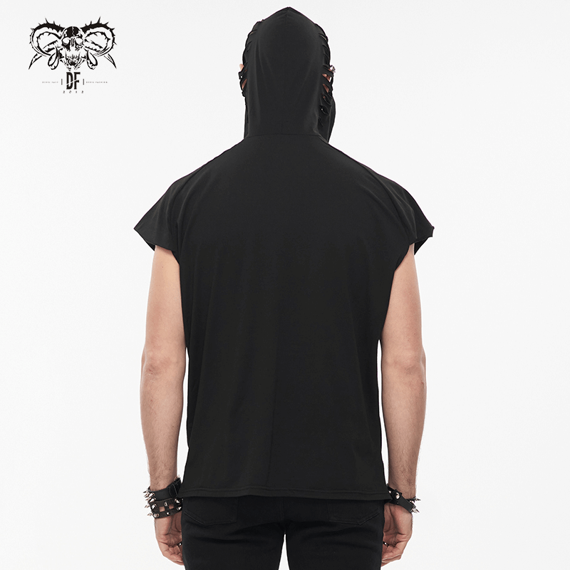 Back view of a men's gothic black hoodie with turtleneck mask and short raglan sleeves, featuring ripped design.