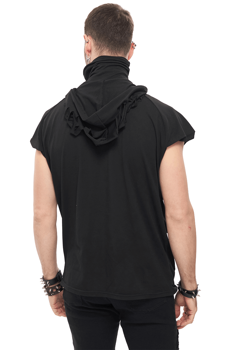 Back view of men's gothic black hoodie with turtleneck and ripped design, perfect for edgy fashion.