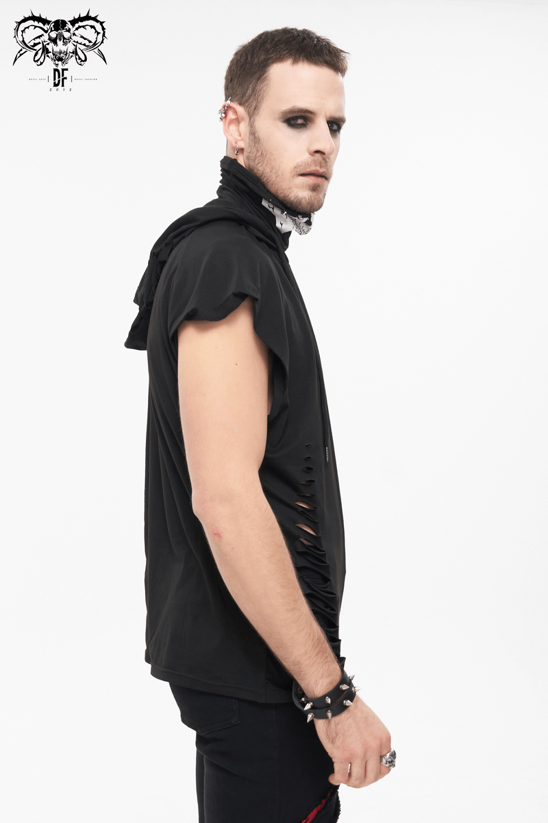 Men's gothic black hoodie with ripped holes, stylish short raglan sleeves, perfect for edgy outfits.