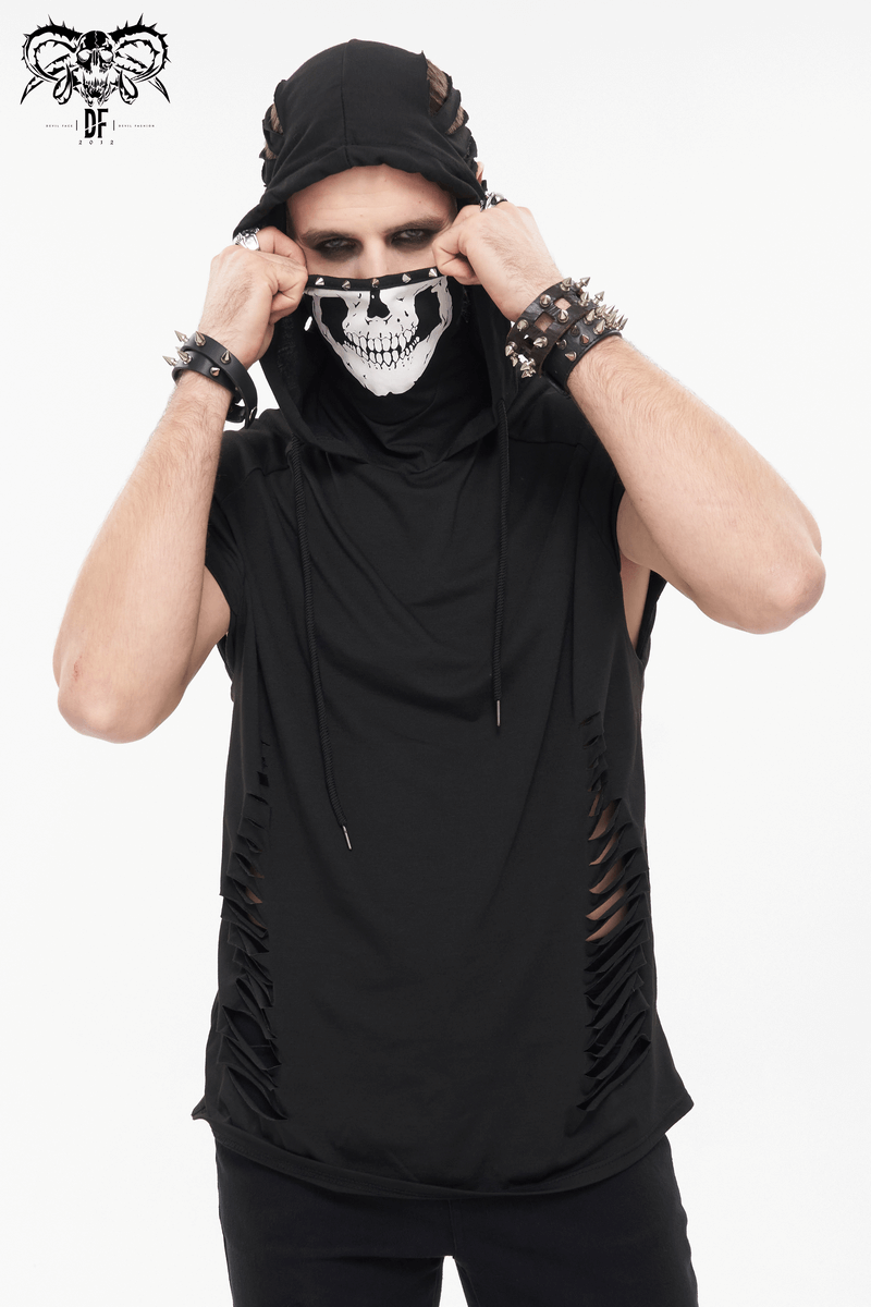 Men's gothic black hoodie with skull mask, featuring ripped design and stylish raglan sleeves.