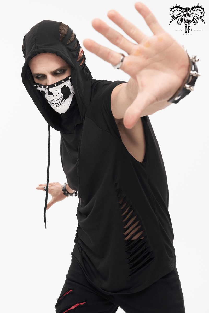 Gothic men's black hoodie with skull mask, ripped design, and short sleeves, perfect for stylish outfits.