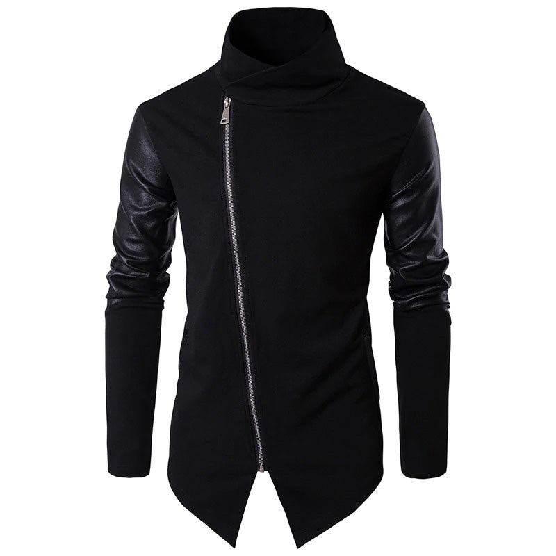 Stylish black turtleneck sweater with PU leather sleeves for men, perfect for alternative and gothic fashion.
