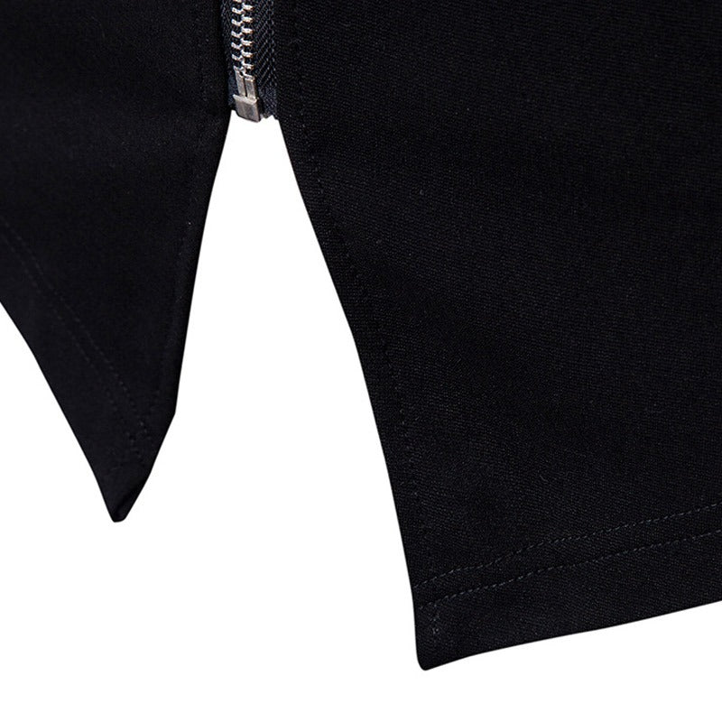 Close-up of the zipper detail on a black turtleneck sweater for men with PU leather sleeves.