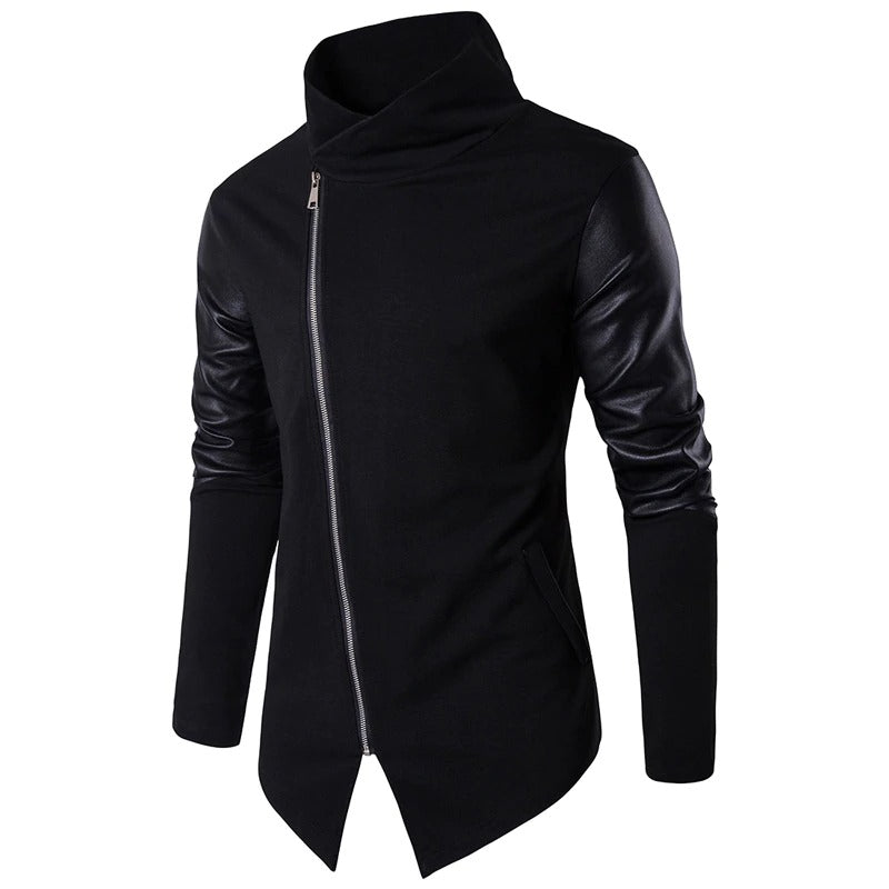 Turtleneck Sweater for Men in Alternative Fashion Clothes / PU Leather Sleeve Design Cardigans - HARD'N'HEAVY