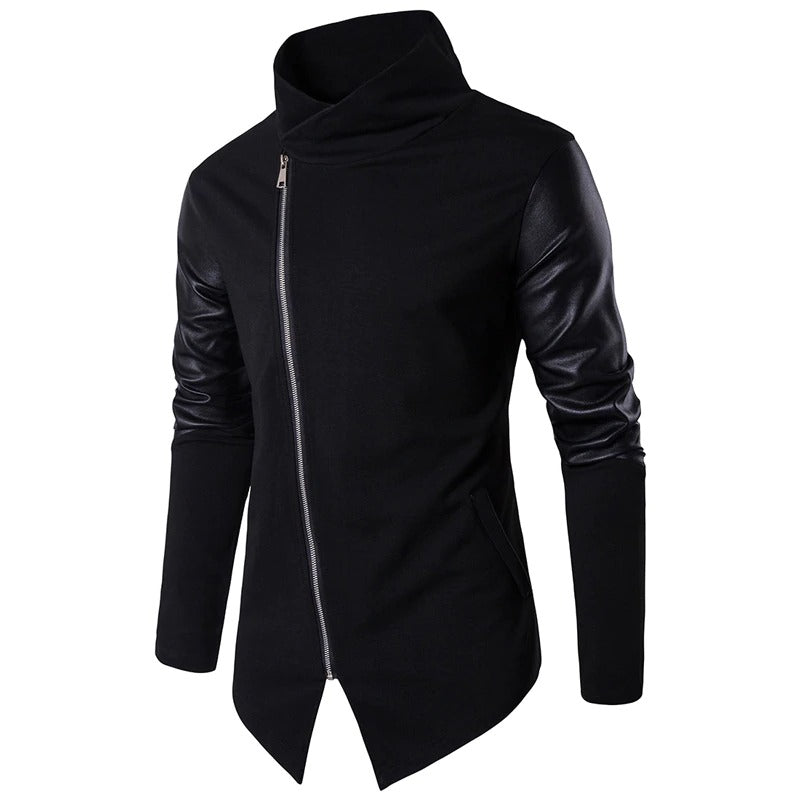 Men's black turtleneck sweater with PU leather sleeves, perfect for alternative fashion and gothic style.