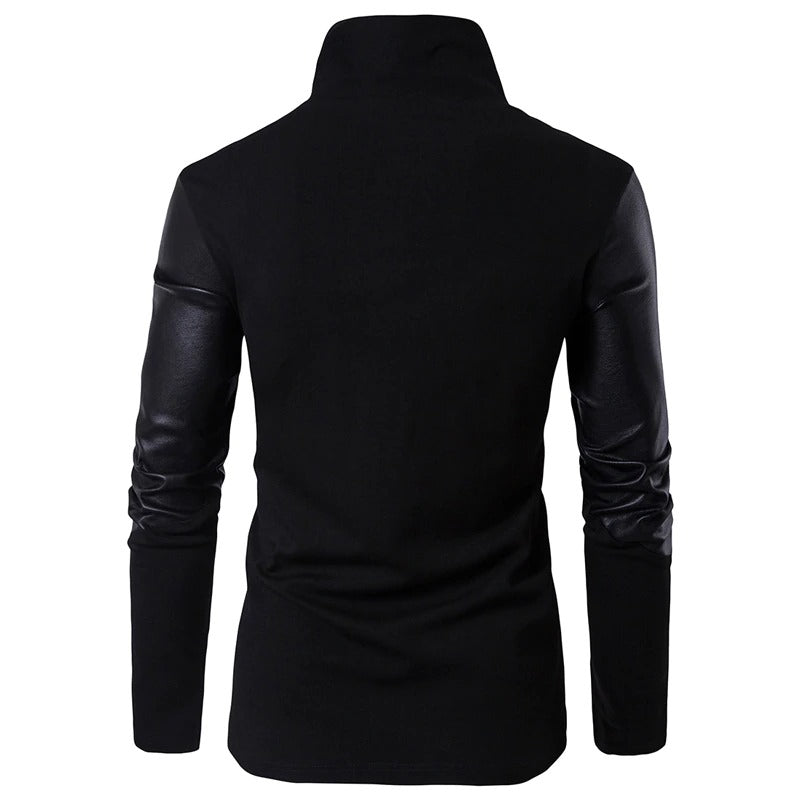 Turtleneck Sweater for Men in Alternative Fashion Clothes / PU Leather Sleeve Design Cardigans - HARD'N'HEAVY
