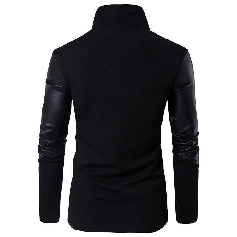 Back view of a men's black turtleneck sweater with PU leather sleeves, perfect for alternative fashion and gothic styles.