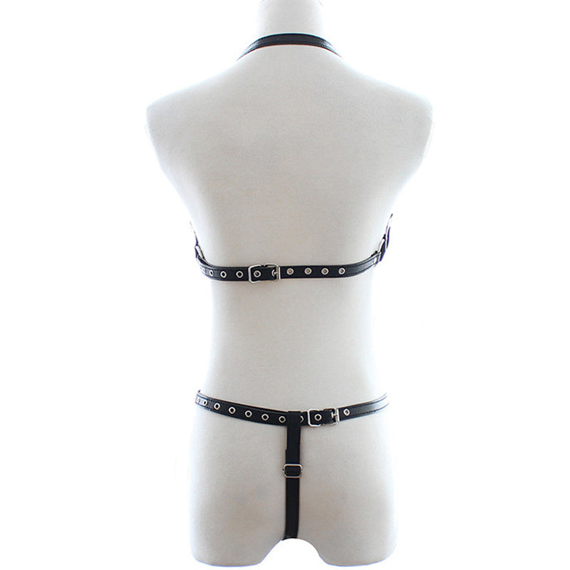 Two-Piece Set of Sexy Bra Caged Bondage with Adjustable Straps and PU Leather Garter with Rivets - HARD'N'HEAVY