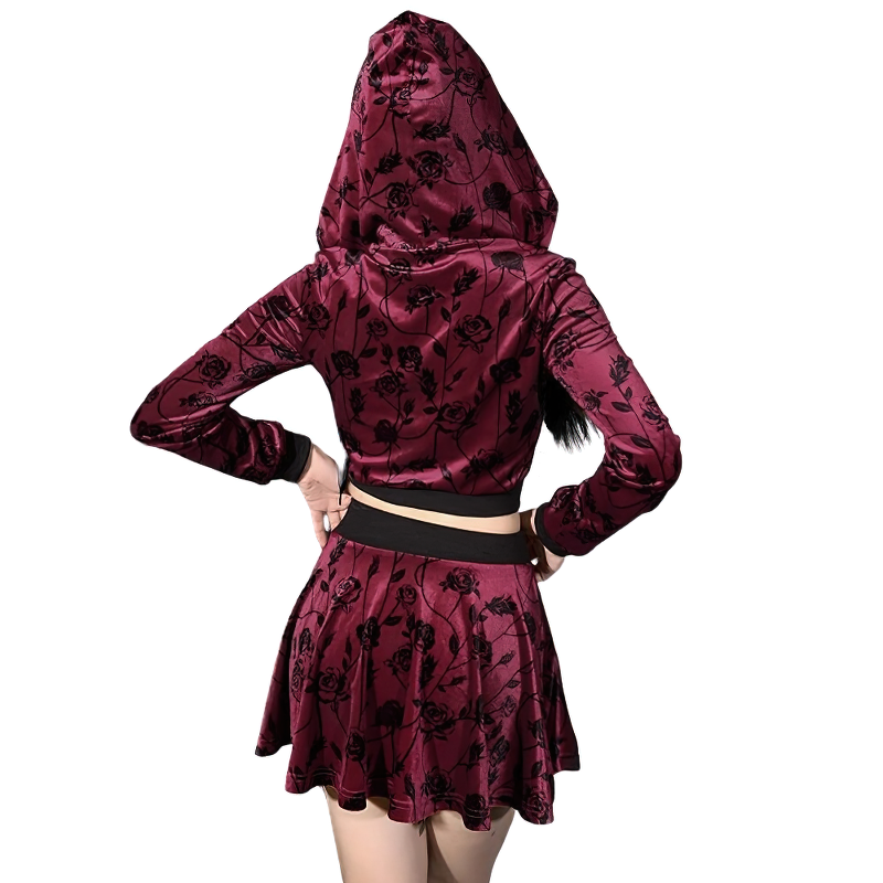Two Piece Women's Set Hoodie And Skirt / Elegant Burgundy Velvet Skirt / Short Long Sleeve Hoodie - HARD'N'HEAVY
