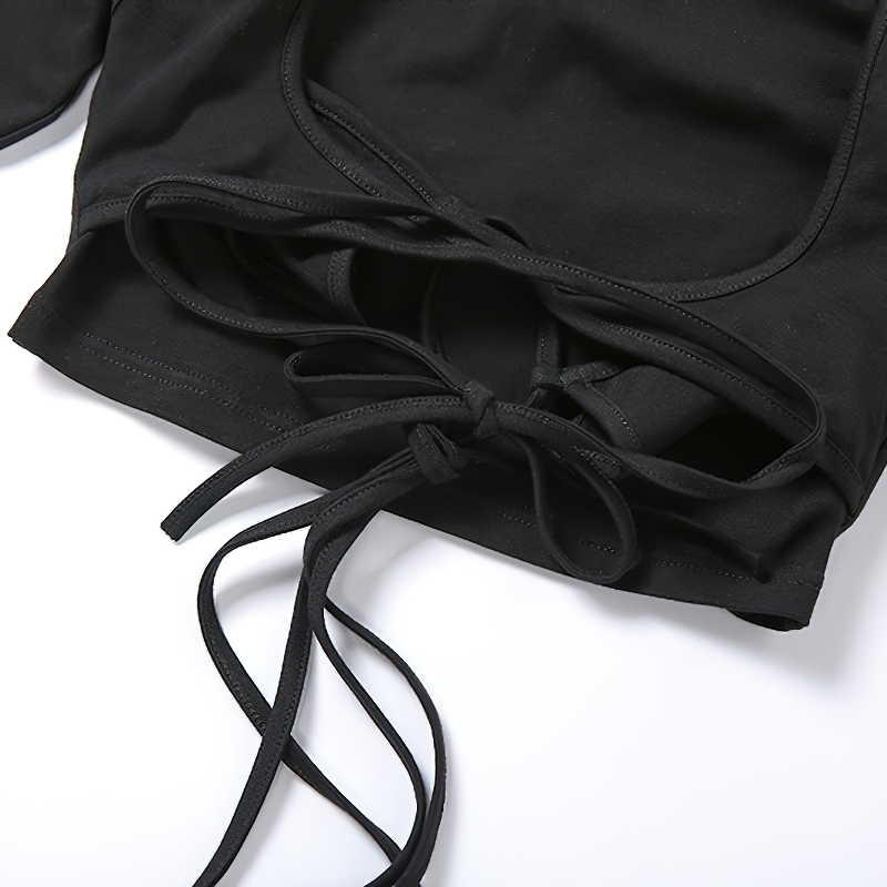 Two Pieces Black Punk Bandage Tassel Top / Alternative Summer Female Tees - HARD'N'HEAVY