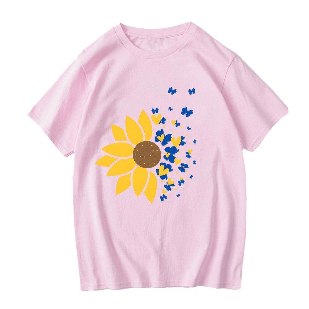 Pink unisex oversized t-shirt featuring a vibrant Ukraine sunflower and colorful butterfly print.