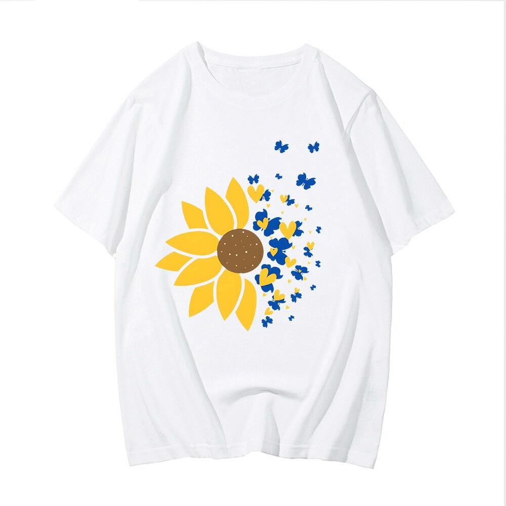 Unisex oversized cotton T-shirt featuring a vibrant Ukraine sunflower print and colorful butterflies.
