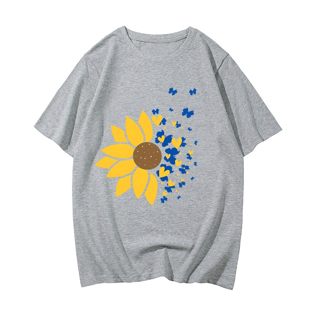 Unisex oversized grey t-shirt featuring a vibrant Ukraine sunflower and butterfly print, perfect for casual wear.