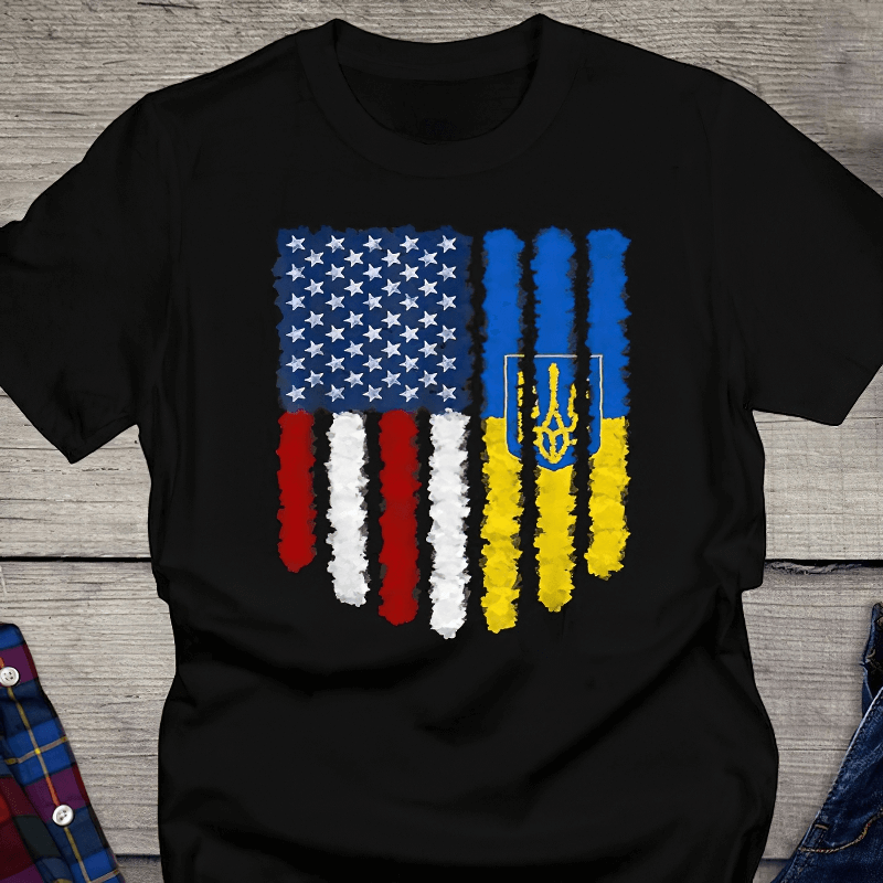 Ukrainian American flag print on a black cotton t-shirt, stylish casual wear for men.