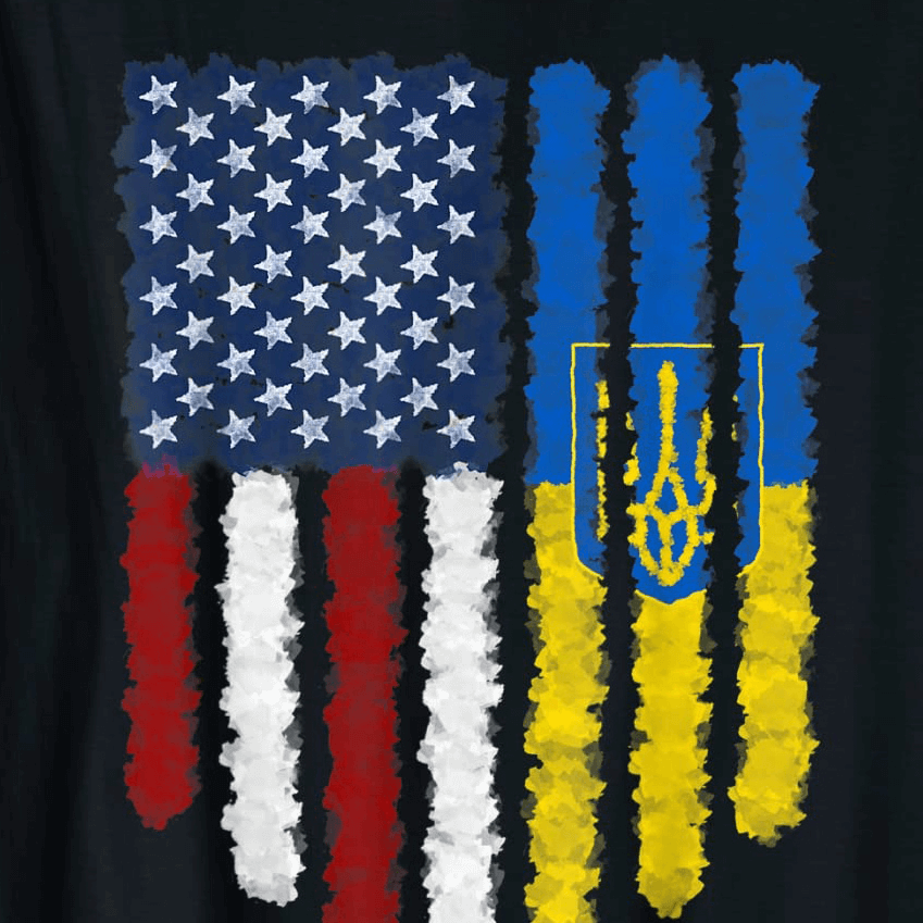 Ukrainian American flag print on a casual men's cotton t-shirt, featuring a modern artistic design.