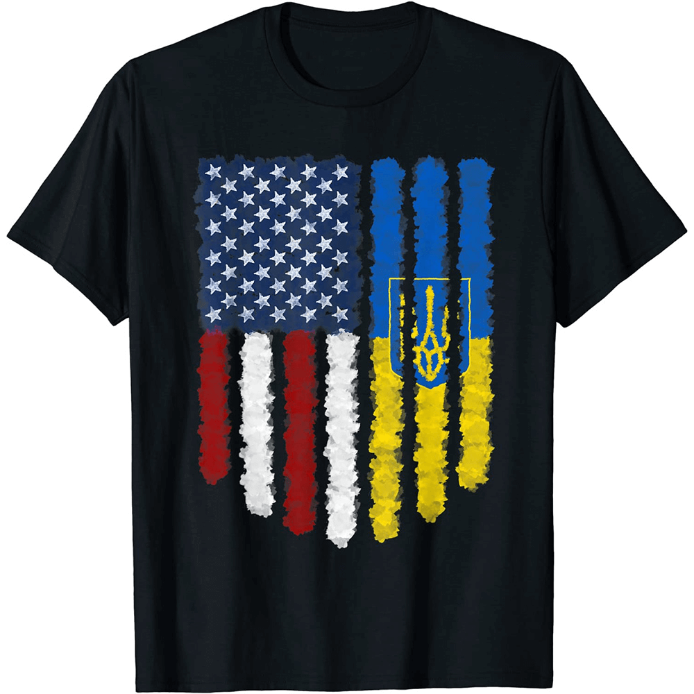 Stylish men's casual t-shirt featuring a unique Ukrainian and American flag print on a black background.