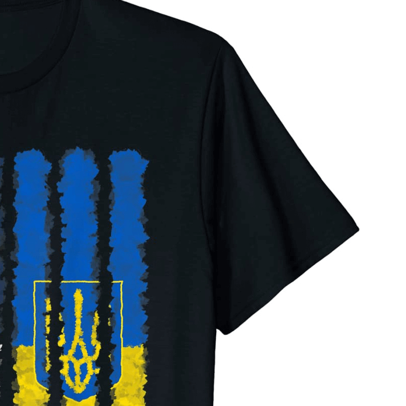 Ukrainian American flag print cotton t-shirt for men, featuring stylish blue and yellow design on black fabric.