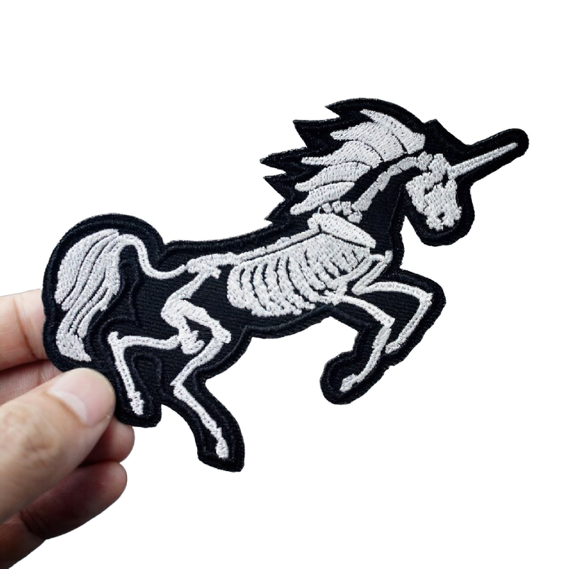 Unicorn skeleton patch for jackets, stylish rock style embroidery accessory for unisex fashion.