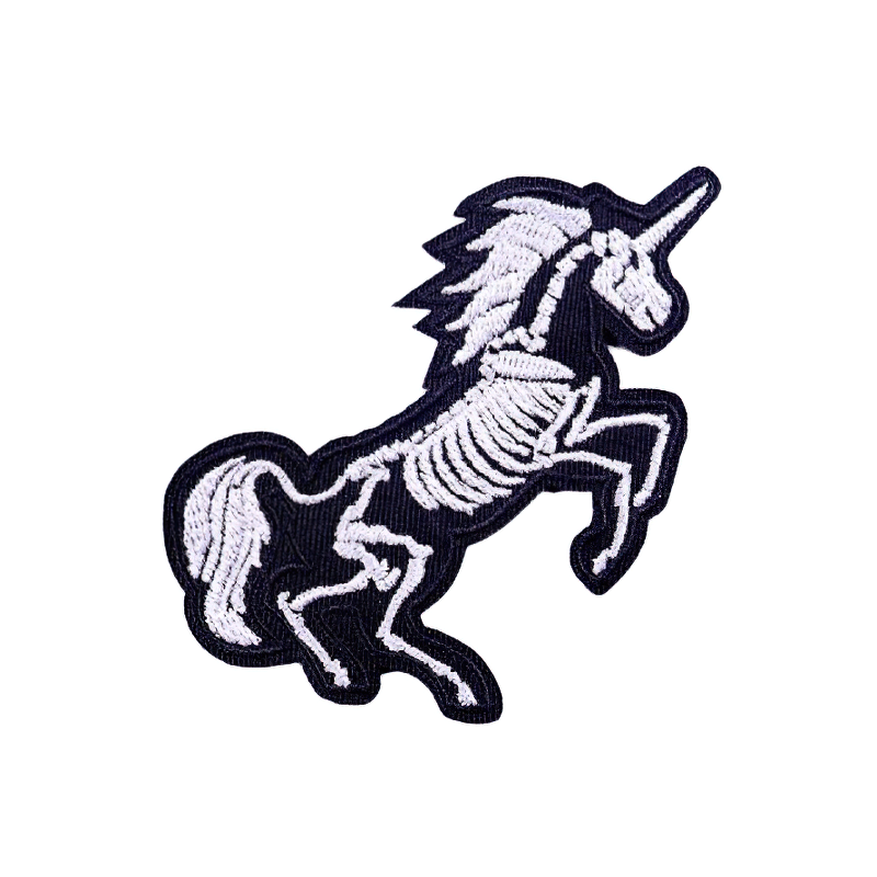 Unicorn skeleton embroidered patch for jackets, stylish rock-style unisex accessory for trendy outfits.