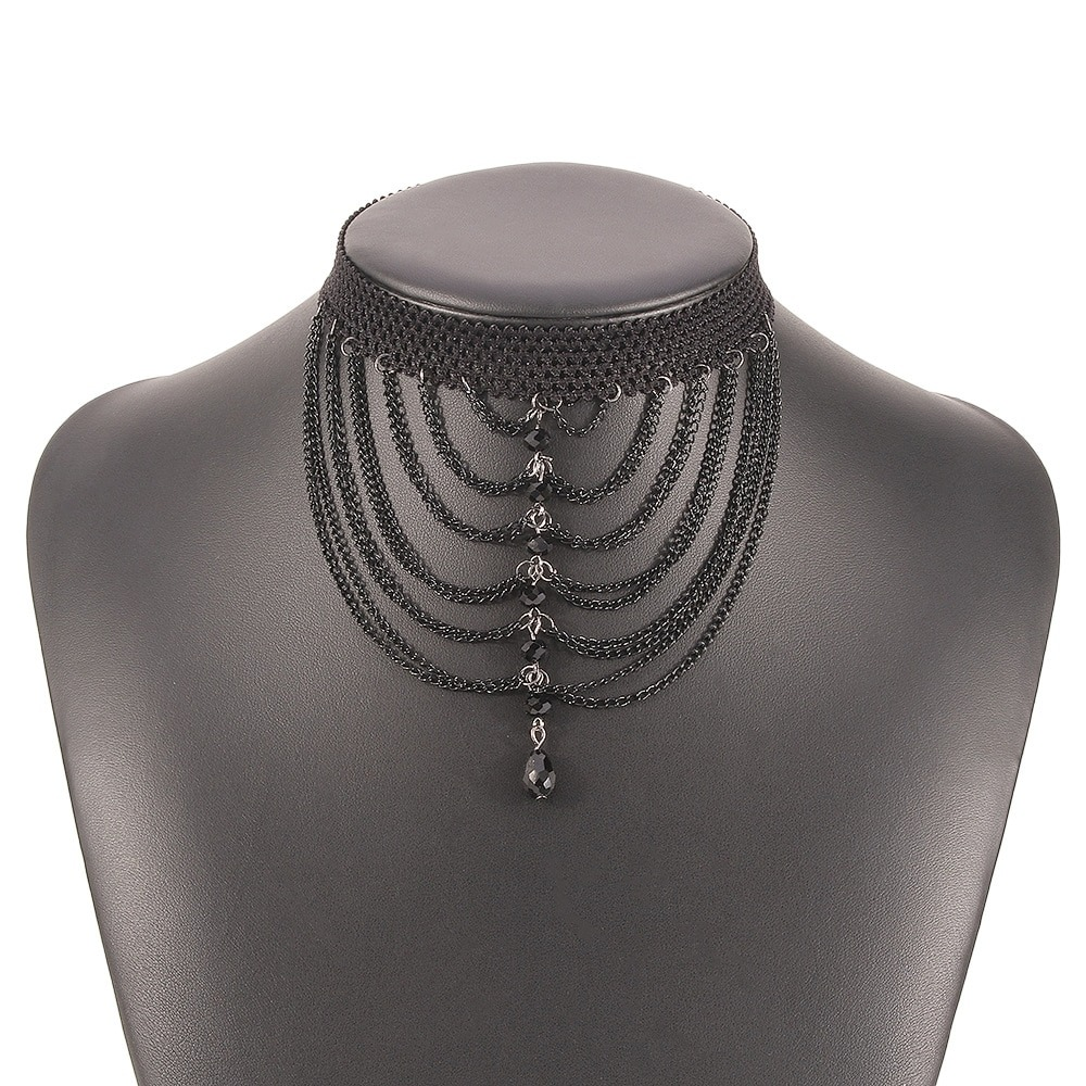Unique Design Ladies Hanging Rhinestone Necklace / Stylish Black Choker Necklace for Women - HARD'N'HEAVY