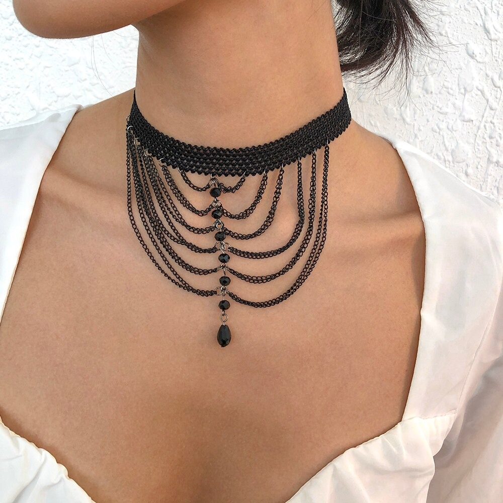 Unique Design Ladies Hanging Rhinestone Necklace / Stylish Black Choker Necklace for Women - HARD'N'HEAVY