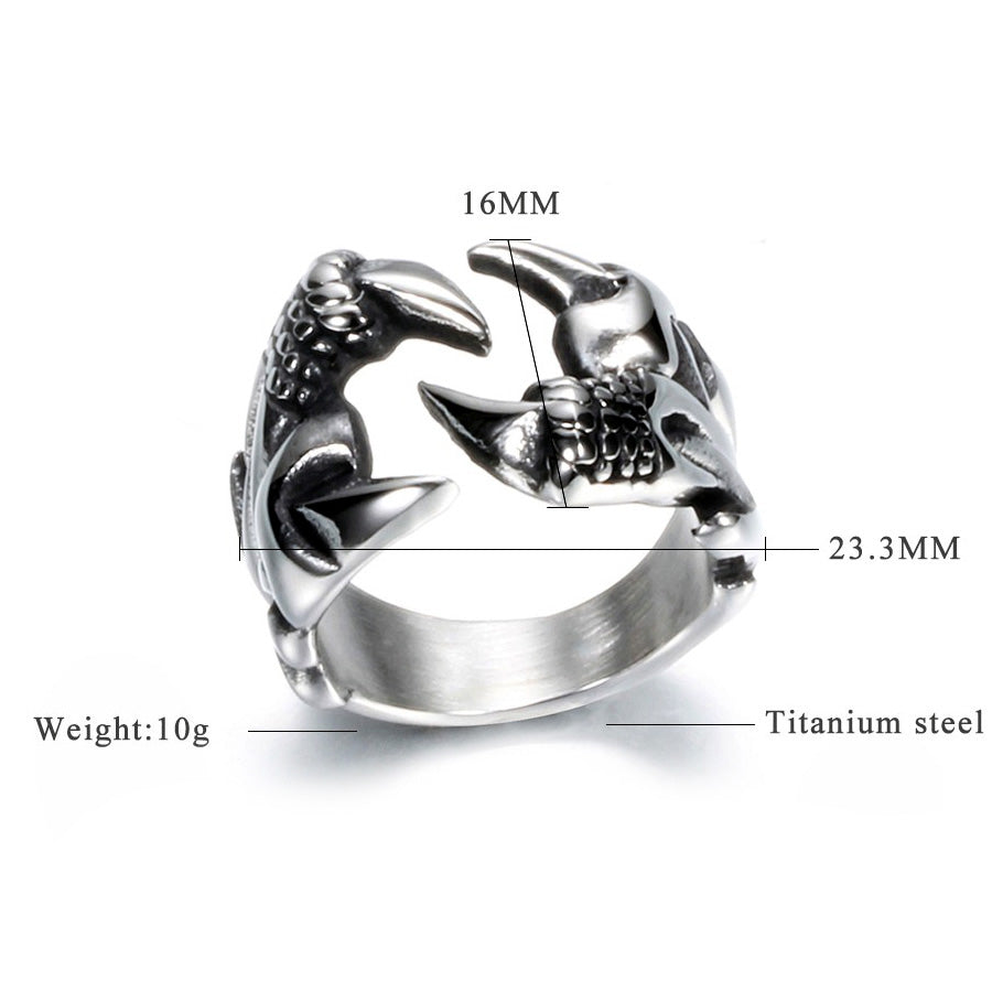 Unique dragon claw biker ring made of titanium steel, featuring intricate design and detailed measurements.