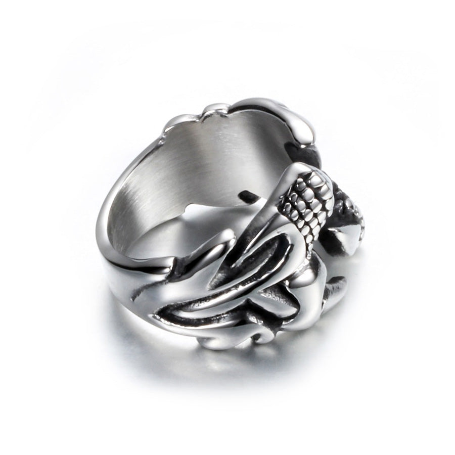 Unique stainless steel dragon claw biker ring for men and women, perfect for alternative fashion and cosplay outfits.