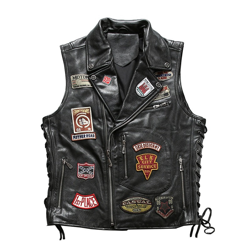 Men's cowhide leather biker vest with vintage patches and zippers, perfect for a stylish ride.