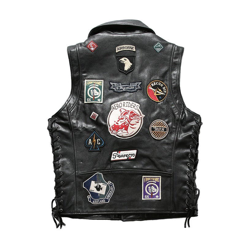 Men's cowhide leather biker vest with vintage patches and side lacing, perfect for stylish riding.