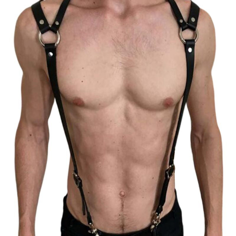 Men's adjustable PU leather chest harness with rings and rivets, perfect for a gothic style statement.