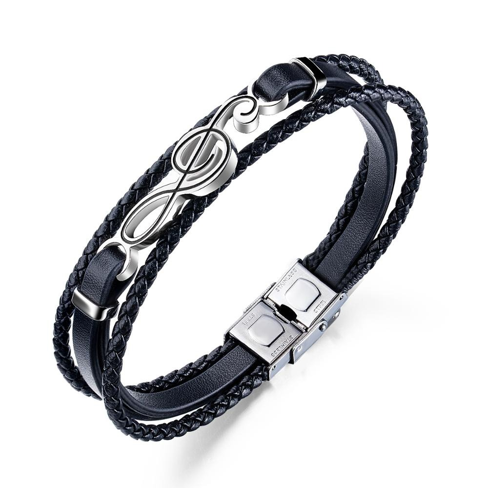Stylish men's black PU leather bracelet featuring a silver musical note charm. Perfect punk rock accessory for any casual outfit.
