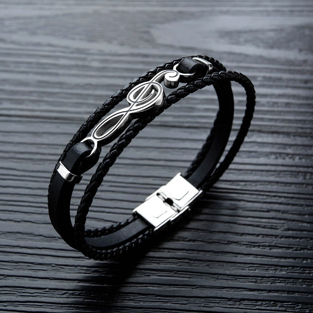 Stylish men's PU leather bracelet featuring a silver musical note charm, perfect for punk rock and casual looks.