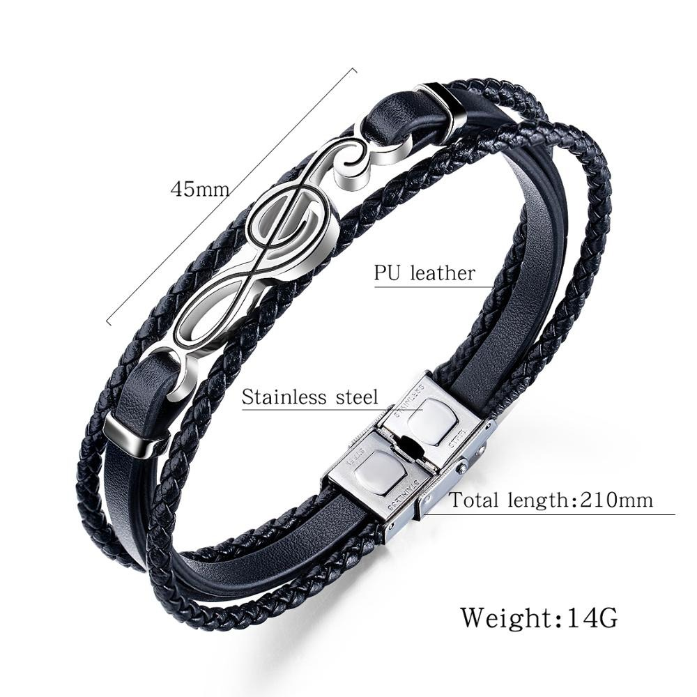 Unisex black PU leather bracelet with silver musical note charm, stylish casual jewelry for music lovers.
