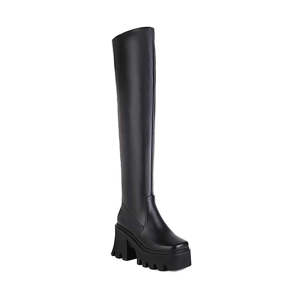 Unique over-the-knee black PU leather boots with chunky heels for a stylish grunge look.